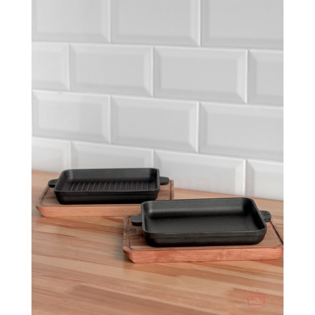 Cast iron grill pan with wooden tray "HoReCa" 18x18 cm 10 Cast iron grill pan with wooden tray "HoReCa" 18x18 cm 10