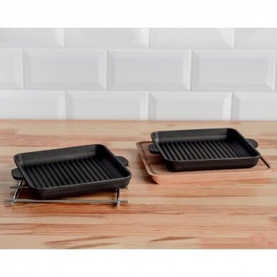 Ketaus grill keptuvė su mediniu padėklu Brizoll "HoReCa" 18x18 cm 7