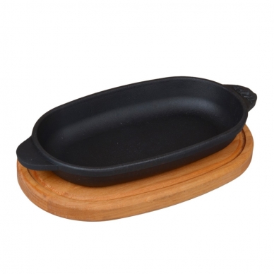 Чугунная сковорода с деревянным подносом "HoReCa" 18x10 cm
