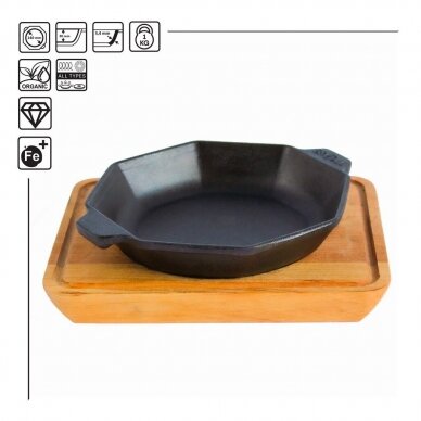 Ketaus keptuvė su mediniu padėklu "HoReCa" 14 cm