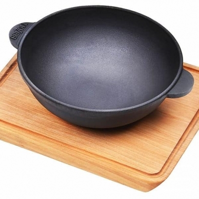 Чугунная сковорода WOK с деревянным подносом "HoReCa" 18cm 1 Чугунная сковорода WOK с деревянным подносом "HoReCa" 18cm 1