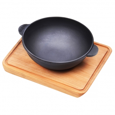 Cast iron WOK pan with wooden tray "HoReCa" 18cm