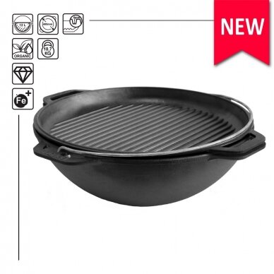 Чугунный азиатский казан с чугунной крышкой-сковородой-гриль 12l Чугунный азиатский казан с чугунной крышкой-сковородой-гриль 12l